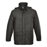 A black jacket designed for use on construction sites and in industrial work environments.,