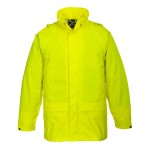 A yellow jacket designed for use on construction sites and in industrial work environments.,
