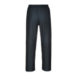 A pair of black work trousers designed for use on construction sites and in industrial work environments.,