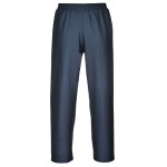 A pair of navy blue work trousers designed for use on construction sites and in industrial work environments.,