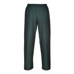 A pair of green work trousers designed for use on construction sites and in industrial work environments.,