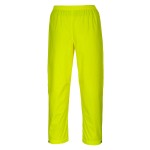 A pair of yellow work trousers designed for use on construction sites and in industrial work environments.,