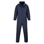A navy blue coverall designed for use on construction sites and in industrial work environments.,
