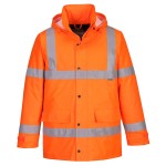 A high-visibility orange jacket featuring retroreflective tape panels, suitable for a wide range of outdoor and site work applications.