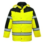 A high-visibility yellow jacket featuring retroreflective tape panels, suitable for a wide range of outdoor and site work applications.