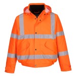 A high-visibility orange jacket featuring retroreflective tape panels, suitable for a wide range of outdoor and site work applications.