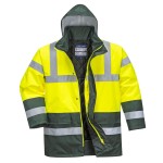A high-visibility yellow jacket featuring retroreflective tape panels, suitable for a wide range of outdoor and site work applications.