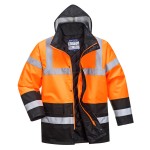 A high-visibility orange jacket featuring retroreflective tape panels, suitable for a wide range of outdoor and site work applications.