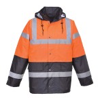 A high-visibility orange jacket featuring retroreflective tape panels, suitable for a wide range of outdoor and site work applications.