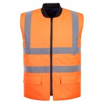 A high-visibility orange workwear garment featuring retroreflective tape panels, suitable for a wide range of outdoor and site work applications.