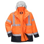 A high-visibility orange jacket featuring retroreflective tape panels, suitable for a wide range of outdoor and site work applications.