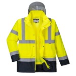 A high-visibility yellow jacket featuring retroreflective tape panels, suitable for a wide range of outdoor and site work applications.