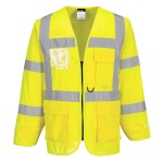A high-visibility yellow jacket featuring retroreflective tape panels, suitable for a wide range of outdoor and site work applications.