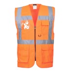 A high-visibility orange vest featuring retroreflective tape panels, suitable for a wide range of outdoor and site work applications.
