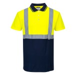 A high-visibility yellow polo shirt featuring retroreflective tape panels, suitable for a wide range of outdoor and site work applications.