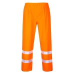 A pair of high-visibility orange trousers featuring retroreflective tape panels, suitable for a wide range of outdoor and site work applications.