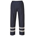 A pair of navy blue work trousers designed for use on construction sites and in industrial work environments.,