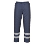 A pair of navy blue work trousers designed for use on construction sites and in industrial work environments.,