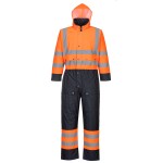 A high-visibility orange coverall featuring retroreflective tape panels, suitable for a wide range of outdoor and site work applications.