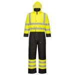 A high-visibility yellow coverall featuring retroreflective tape panels, suitable for a wide range of outdoor and site work applications.