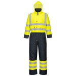 A high-visibility yellow coverall featuring retroreflective tape panels, suitable for a wide range of outdoor and site work applications.