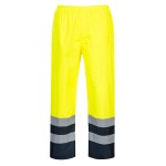 A pair of high-visibility yellow trousers featuring retroreflective tape panels, suitable for a wide range of outdoor and site work applications.