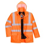 A high-visibility orange jacket featuring retroreflective tape panels, suitable for a wide range of outdoor and site work applications.