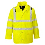 A high-visibility yellow jacket featuring retroreflective tape panels, suitable for a wide range of outdoor and site work applications.