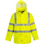 A high-visibility yellow waterproof jacket featuring retroreflective tape panels, suitable for a wide range of outdoor and site work applications.