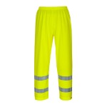 A pair of high-visibility yellow trousers featuring retroreflective tape panels, suitable for a wide range of outdoor and site work applications.
