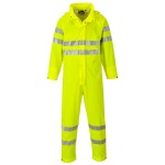 A high-visibility yellow coverall featuring retroreflective tape panels, suitable for a wide range of outdoor and site work applications.