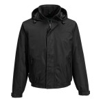 A black jacket designed for use on construction sites and in industrial work environments.,