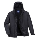 A black jacket designed for use on construction sites and in industrial work environments.,