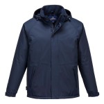 A navy blue jacket designed for use on construction sites and in industrial work environments.,