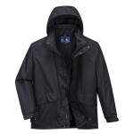 A black jacket designed for use on construction sites and in industrial work environments.,