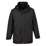 A black jacket designed for use on construction sites and in industrial work environments.,