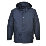A navy blue jacket designed for use on construction sites and in industrial work environments.,