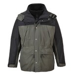 A grey jacket designed for use on construction sites and in industrial work environments.,