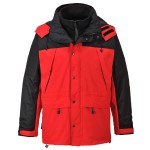 A red jacket designed for use on construction sites and in industrial work environments.,