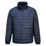A navy blue jacket designed for use on construction sites and in industrial work environments.,