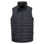 A black safety vest designed for use on construction sites and in industrial work environments.,