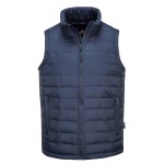 A navy blue safety vest designed for use on construction sites and in industrial work environments.,