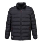 A black jacket designed for use on construction sites and in industrial work environments.,