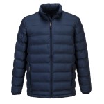 A navy blue jacket designed for use on construction sites and in industrial work environments.,