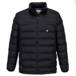 A black jacket designed for use on construction sites and in industrial work environments.,