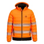 A high-visibility orange jacket featuring retroreflective tape panels, suitable for a wide range of outdoor and site work applications.