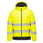 A high-visibility yellow jacket featuring retroreflective tape panels, suitable for a wide range of outdoor and site work applications.