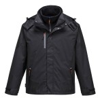 A navy blue jacket designed for use on construction sites and in industrial work environments.,
