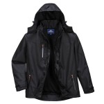 A black waterproof jacket designed for use on construction sites and in industrial work environments.,