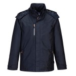 A navy blue waterproof jacket designed for use on construction sites and in industrial work environments.,
